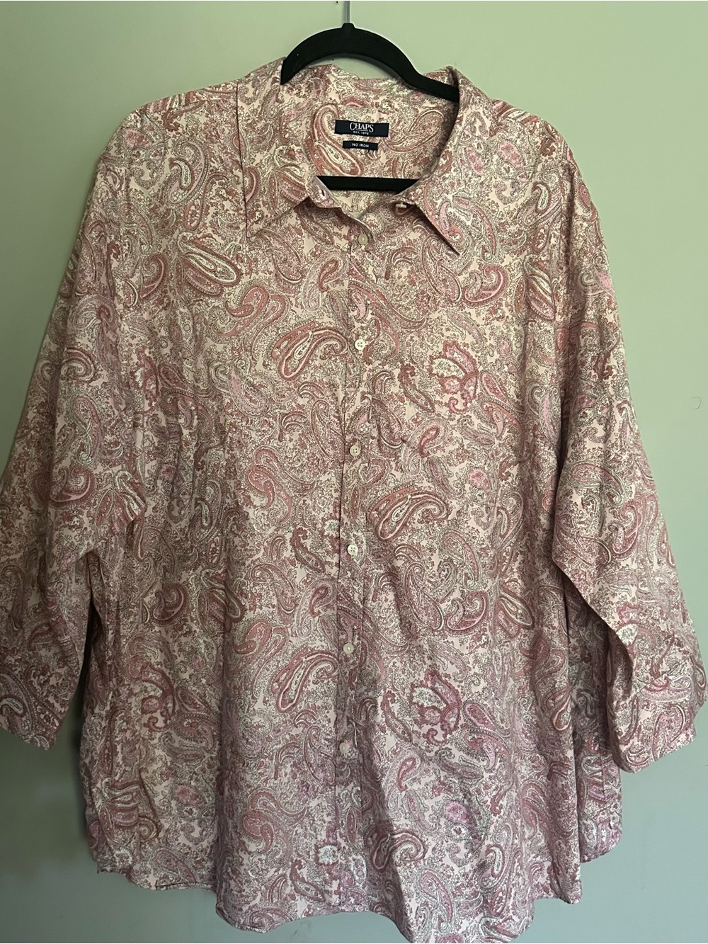 CHAPS No Iron Paisley Button Down Shirt Blouse Women’s Blush Mauve Cream Preppy - Picture 2 of 8